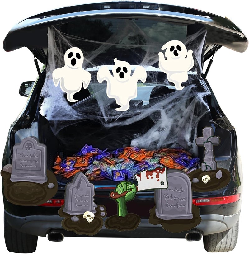 PARTYLOUD Store Trunk or Treat Car Decorations Kit, Halloween Tombstone Theme Spider Web Trunk or Treat Kit Car Decorations for SUV, Outdoor Halloween Garage Door Decorations - Image 1